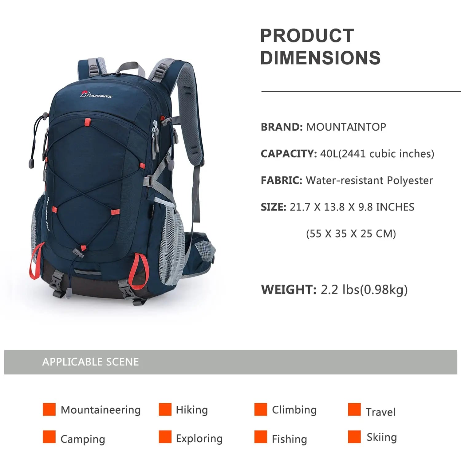 MOUNTAINTOP 40L Hiking Backpack with Rain Covers and YKK Zippers for Backpacking, Camping, Cycling and Traveling