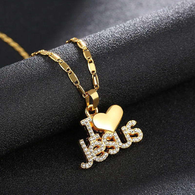 Trendy Letter I LOVE JESUS Shape Pendant Necklace Women's Necklace Bohemian Crystal Inlaid Pendant Religious Accessories Jewelry