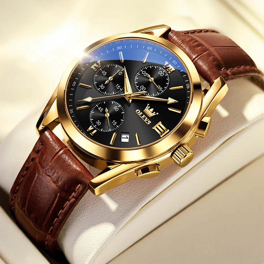 2021 OLEVS New Fashion Mens Watches Top Brand Luxury Quartz Watch Premium Leather Waterproof Sport Chronograph Watches For Men