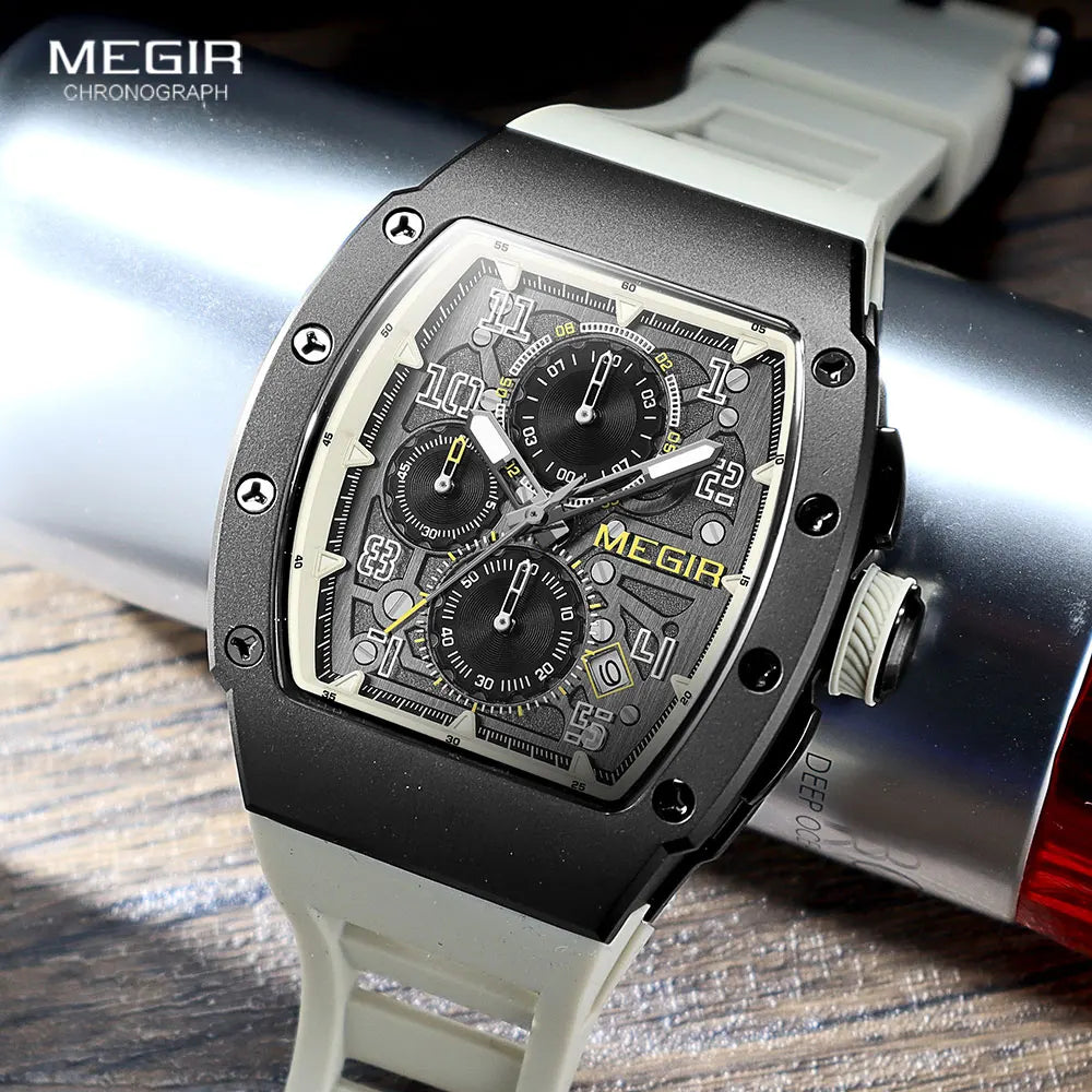 MEGIR 316 Stainless Steel Quartz Watch for Men Fashion Waterproof Luminous Chronograph Wristwatch with Auto Date Silicone Strap