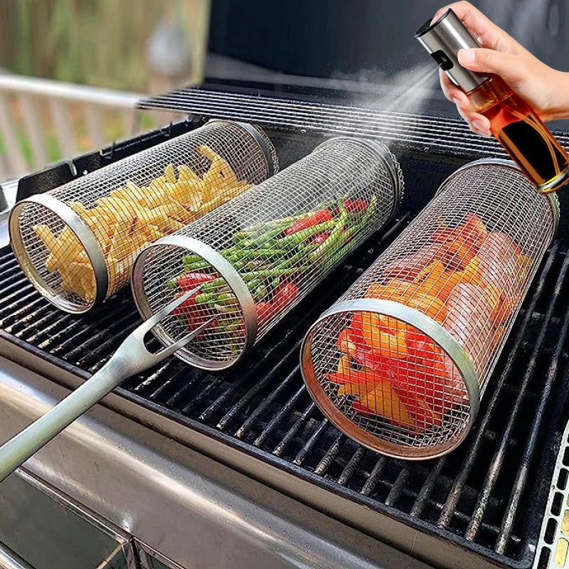 Rolling BBQ Basket Stainless Steel Grilling Baskets Portable Outdoor Barbecue Mesh Cylinder Cooking Grill Grate Picnic Cookware