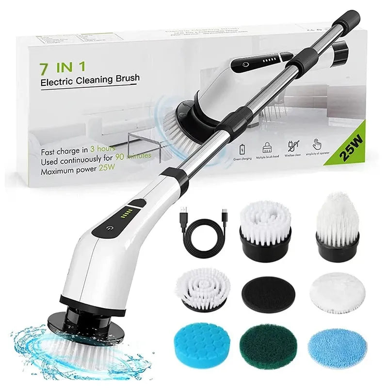 7 In 1 Electric Cleaning Brush Window Wall Cleaner Electric Turbo Scrub Brush Rotating Scrubber Kitchen Bathroom Cleaning Tools