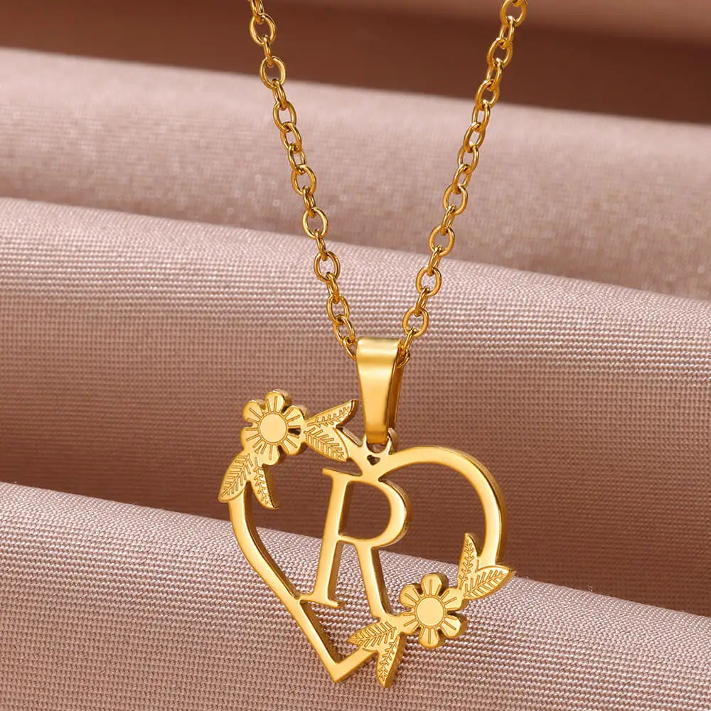 Gold Color Dainty Flower Initials Necklace Women Girl Stainless Steel Heart Letter Choker Necklace Best Gifts Alphabet Jewelry