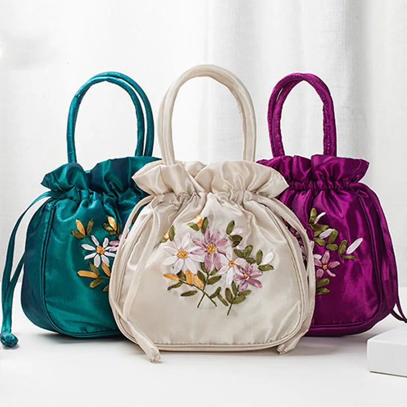 Small Women Bucket Bag Top Handle Ladies Handbag Phone Bag Summer Purse National Style Embroidered Flower Pattern Drawstring Bag