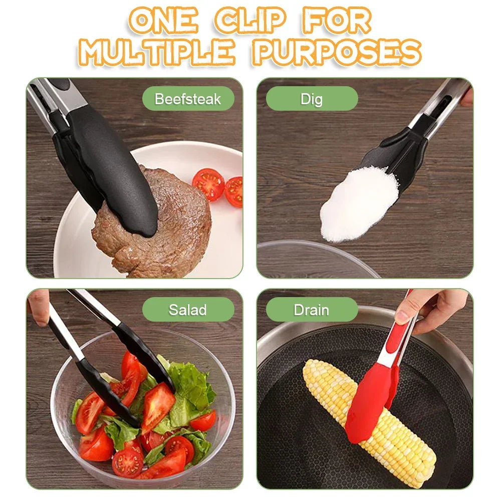 Silicone BBQ Grilling Tongs Kitchen Cooking Salad Bread Jig Non-stick Pan Barbecue Clip Stainless Steel Clip Kitchen Accessories