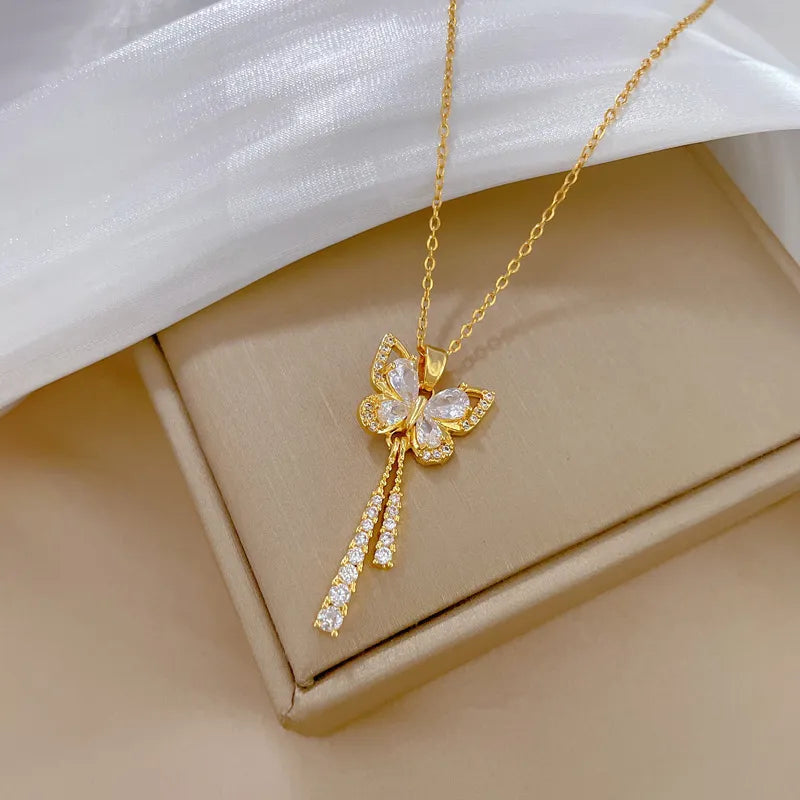 Classic Charming Romantic White Tassel Butterfly Necklace Fashionable Micro-inlaid Temperament Versatile Stainless Steel Gift