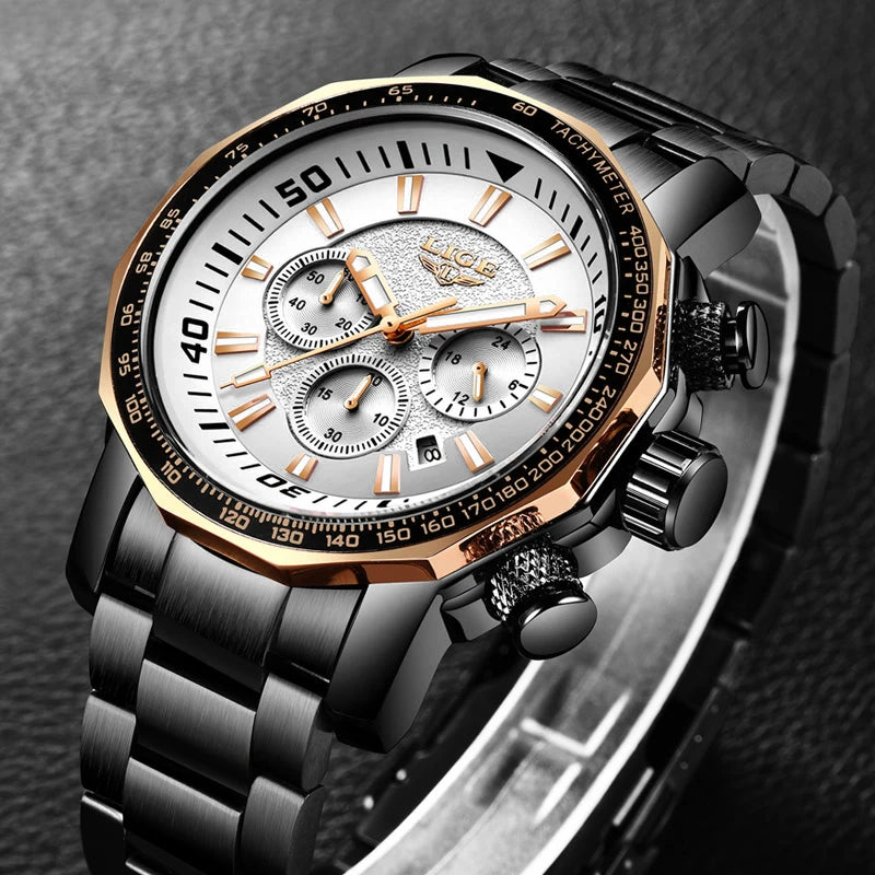 LIGE Big Dial Mens Watches Sports Chronograph Quartz Wristwatch Top Brand Luxury Full Steel Waterproof Watch Relogio Masculino