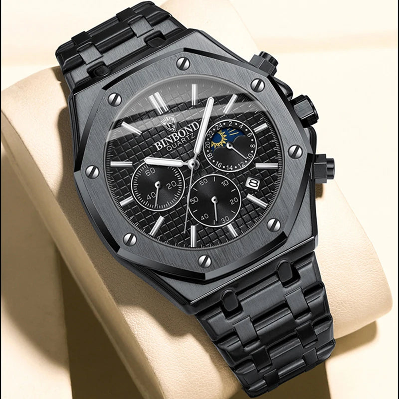 BINBOND Quality Men Watch Luxury High Man Quartz Wristwatch Waterproof Luminous Date Stainless Steel Men's Watches Casual Clock