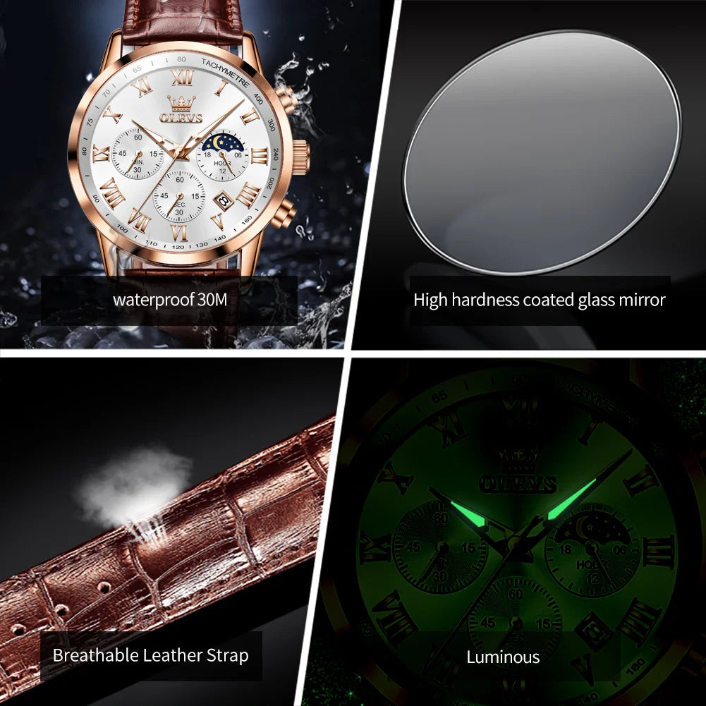 OLEVS Luxury Quartz Watch for Men Business Waterproof Sport Male Watches Leather Strap Moon Phase Wristwatch Relogios Masculino
