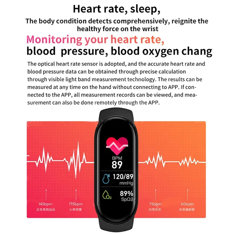 M6 Smartwatch Heart Rate Blood Pressure Monitoring Smart Watch Men Women Fitness Tracker Watch Waterproof Sports Watches Band