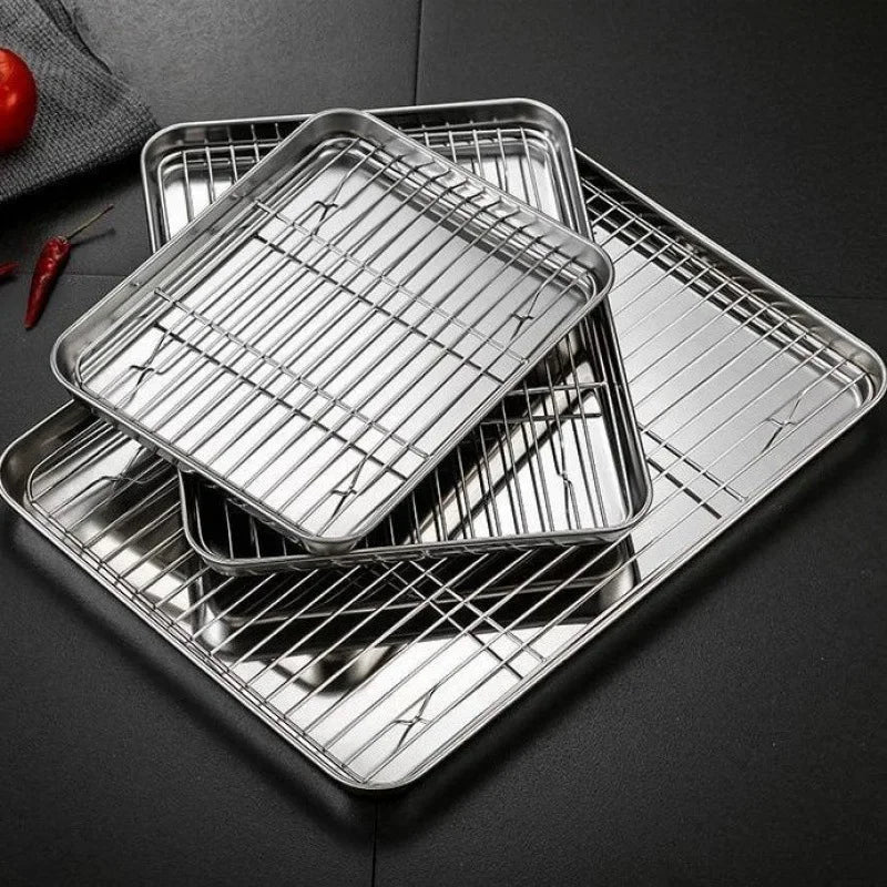 304 Stainless Steel cake Baking BBQ Pan Tray plate Oven brownie Baking tray With Wire Rack Rack Cooking Roasting Grilling Tool