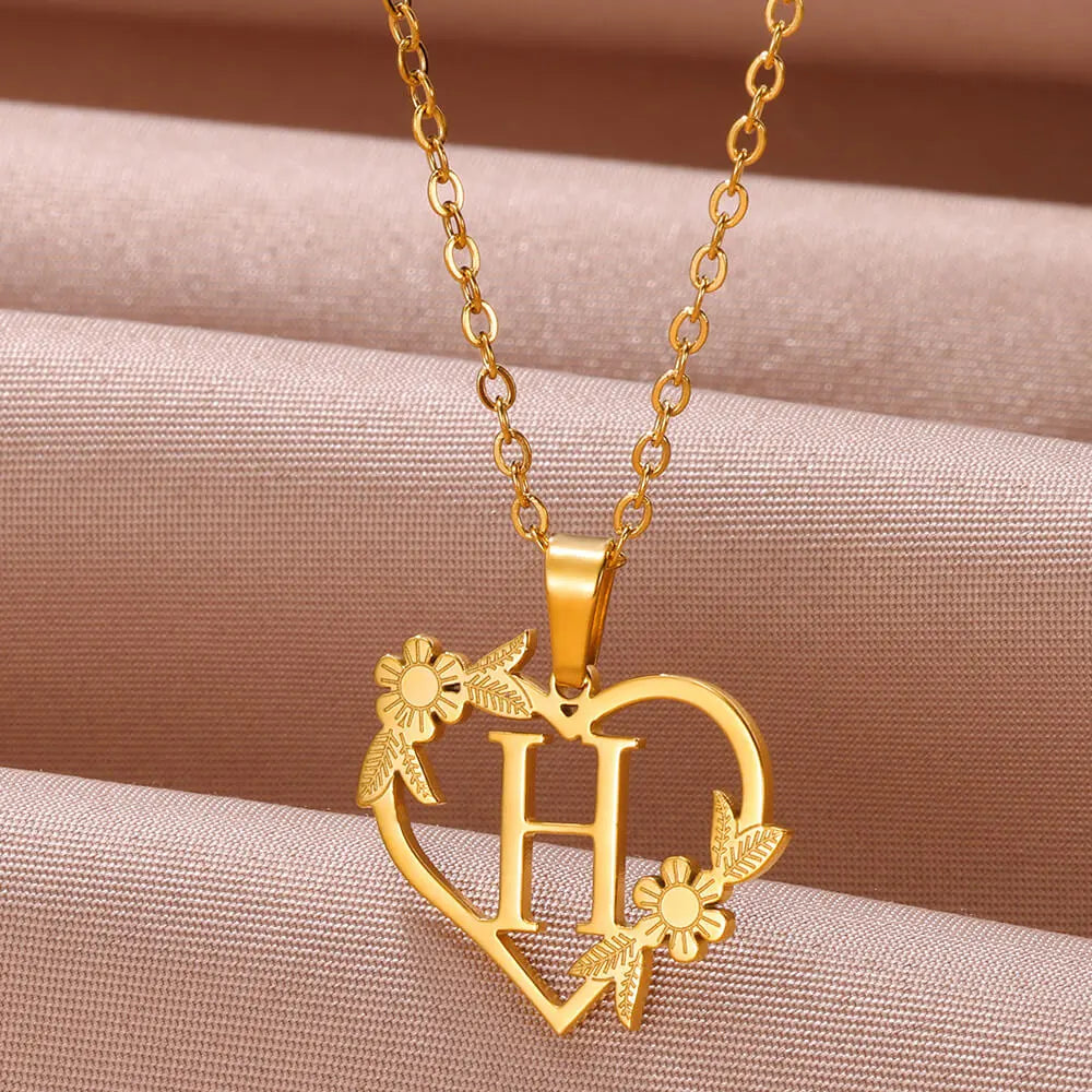 Gold Color Dainty Flower Initials Necklace Women Girl Stainless Steel Heart Letter Choker Necklace Best Gifts Alphabet Jewelry